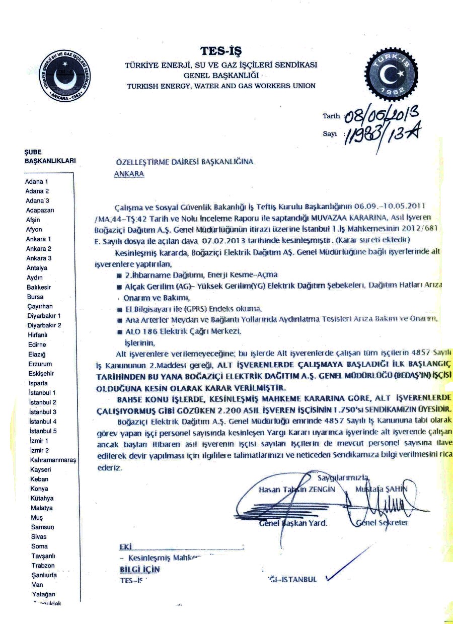 GENEL MERKEZİN ÖİB YE BEDAŞ LA İLGİLİ YAZISI