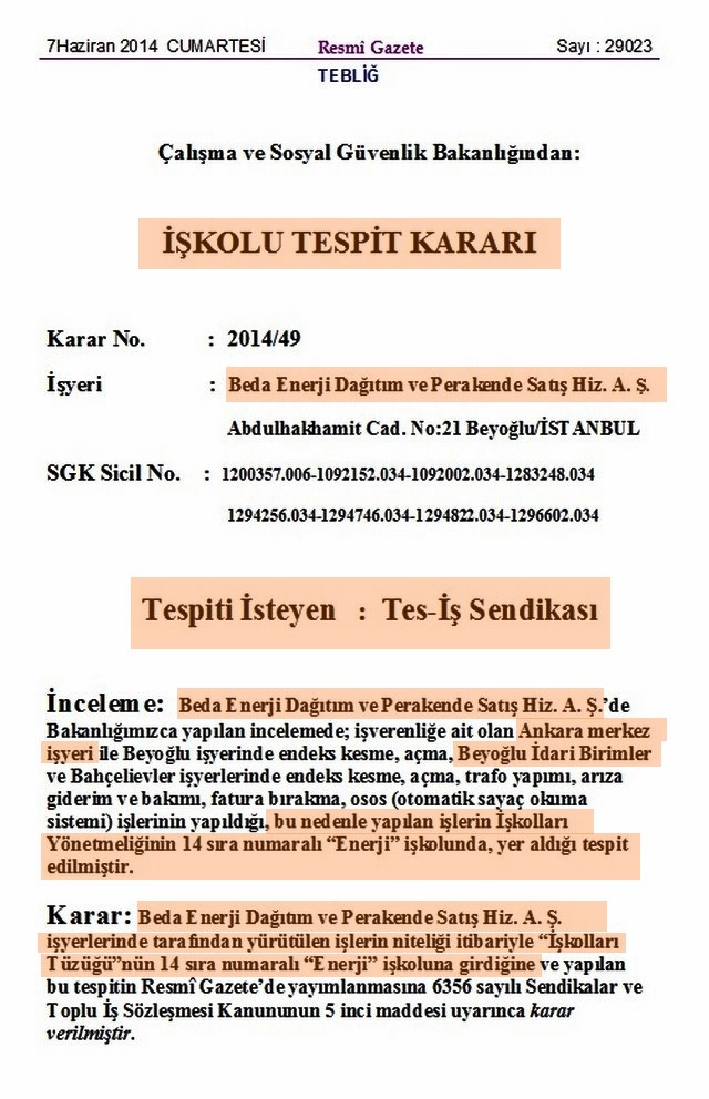 İşkolu tespit kararı