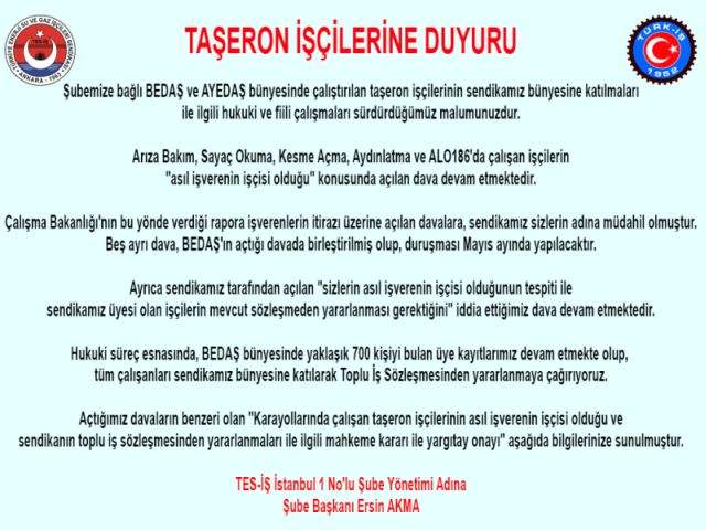AYEDAŞ BEDAŞ TAŞERON İŞÇİLERİNE DUYURU
