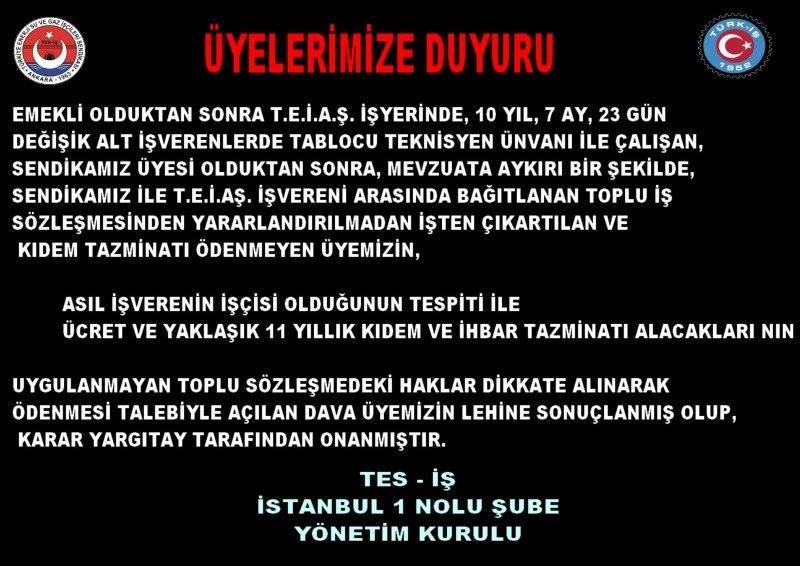 TEİAŞ MAHKEMESİ SONUÇ DUUYRUSU