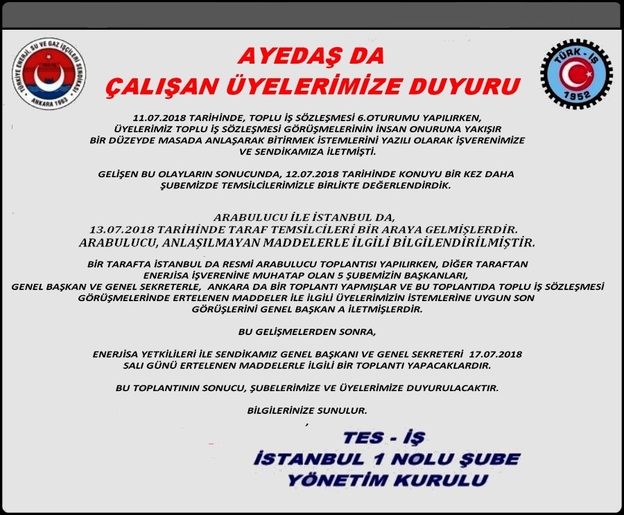 AYEDAŞ T.İ.S. DUYURUSU