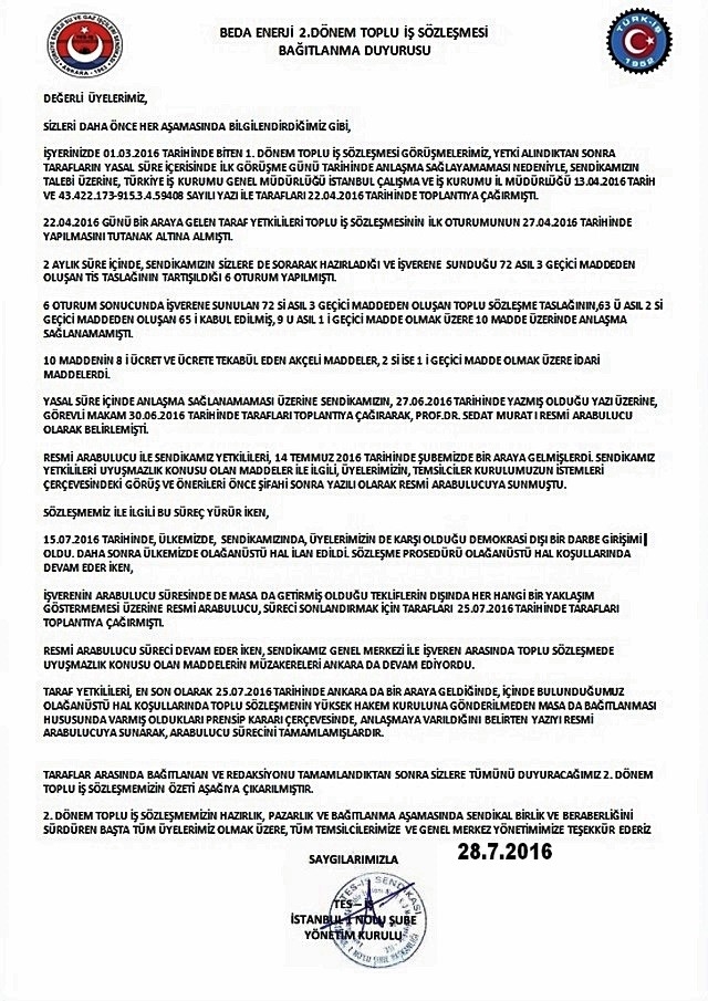 BEDA 2. DÖNEM TİS BAĞITLANMA DUYURUSU