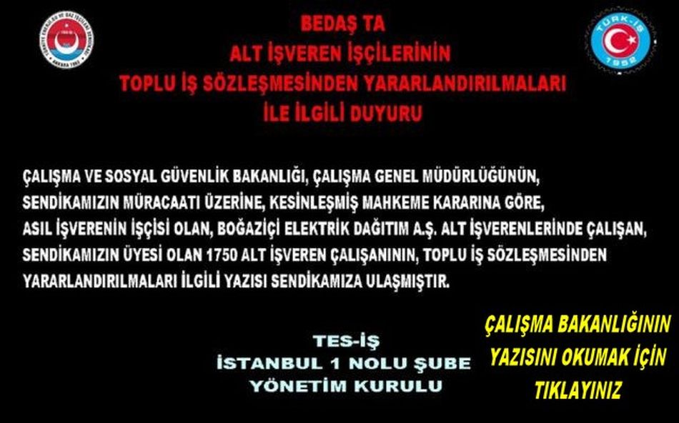 BAKANLIĞIN YAZISININ DUYURUSU