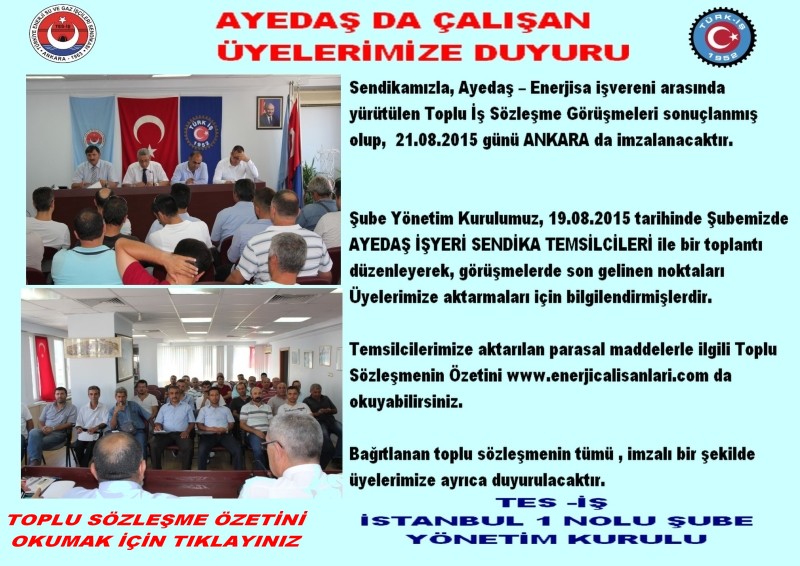 AYEDAŞ TOPLU SÖZLEŞME BAĞITLAMA DUYURUSU