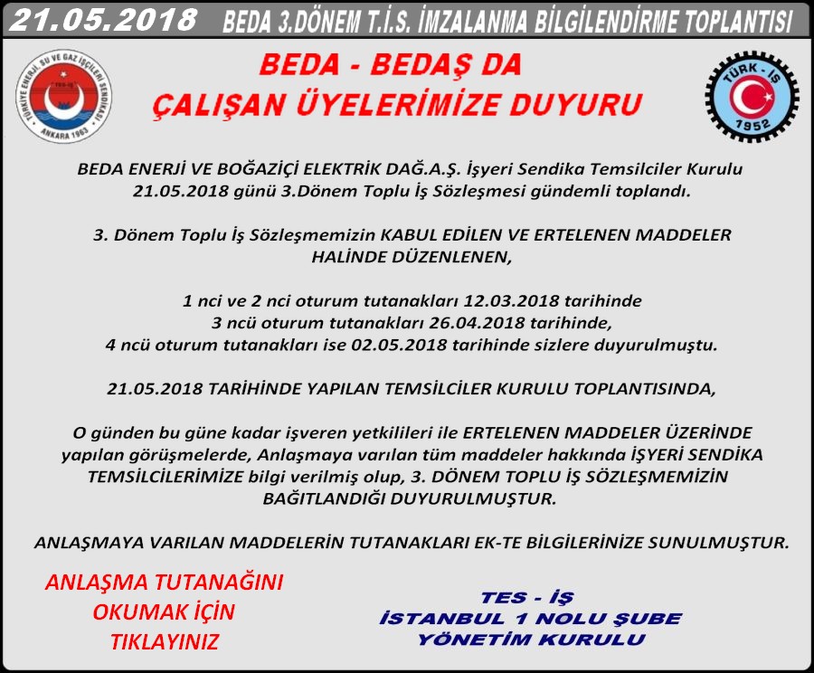 BEDA 3.DÖNEM ANLAŞMA DUYURUSU