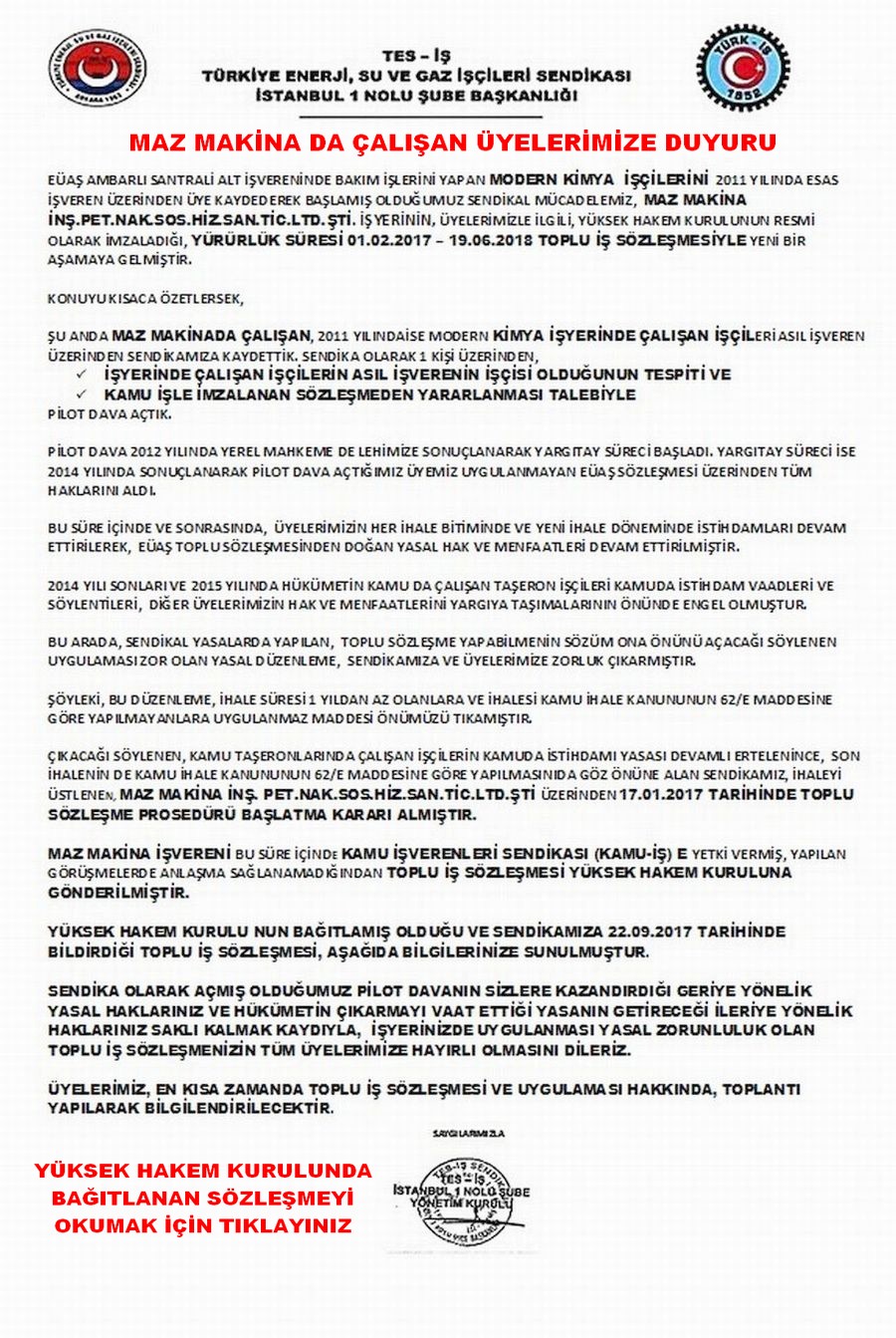 MAZ MAKİNA TOPLU SÖZLEŞME DUYURUSU