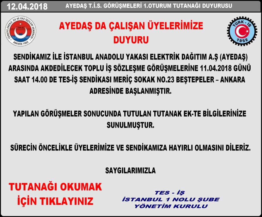 AYEDAŞ 1.OTURUM TUTANAK DUYURUSU