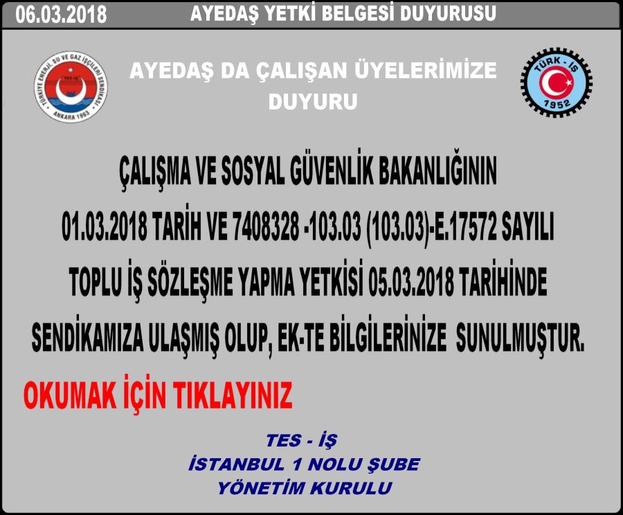 AYEDAŞ YETKİ BELGESİ DUYURUSU