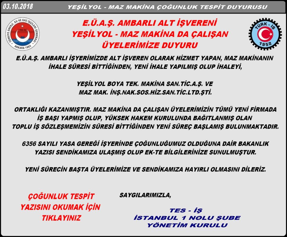 YEŞİL YOL MAZ MAKİNA ÇOĞUNLUK TESPİT DUYURUSU