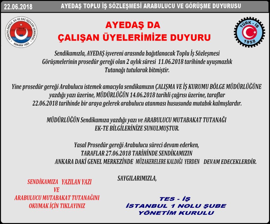 AYEDAŞ TOPLU İŞ SÖZLEŞMESİ ARABULUCU DUYURUSU