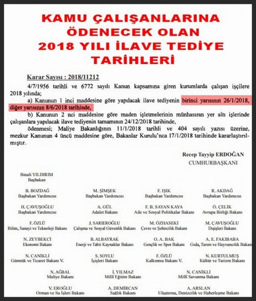 2018 İLAVE TEDİYE TARİHLERİ
