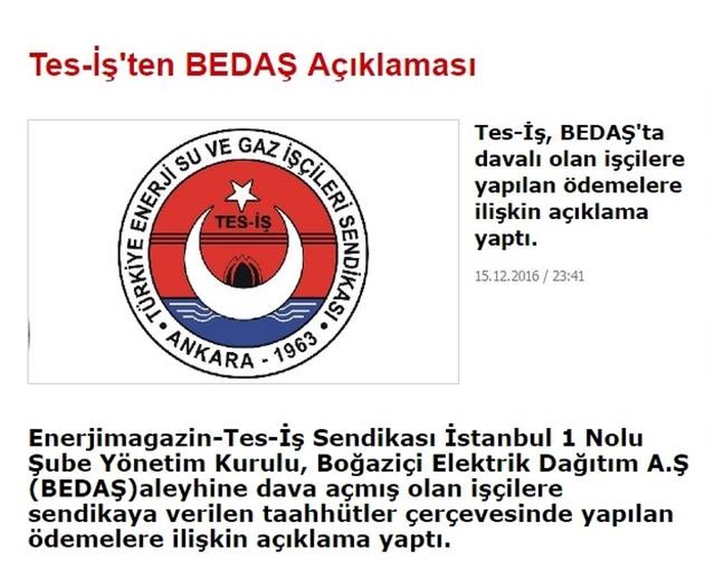 TES İŞ DEN BEDAŞ AÇIKLAMASI