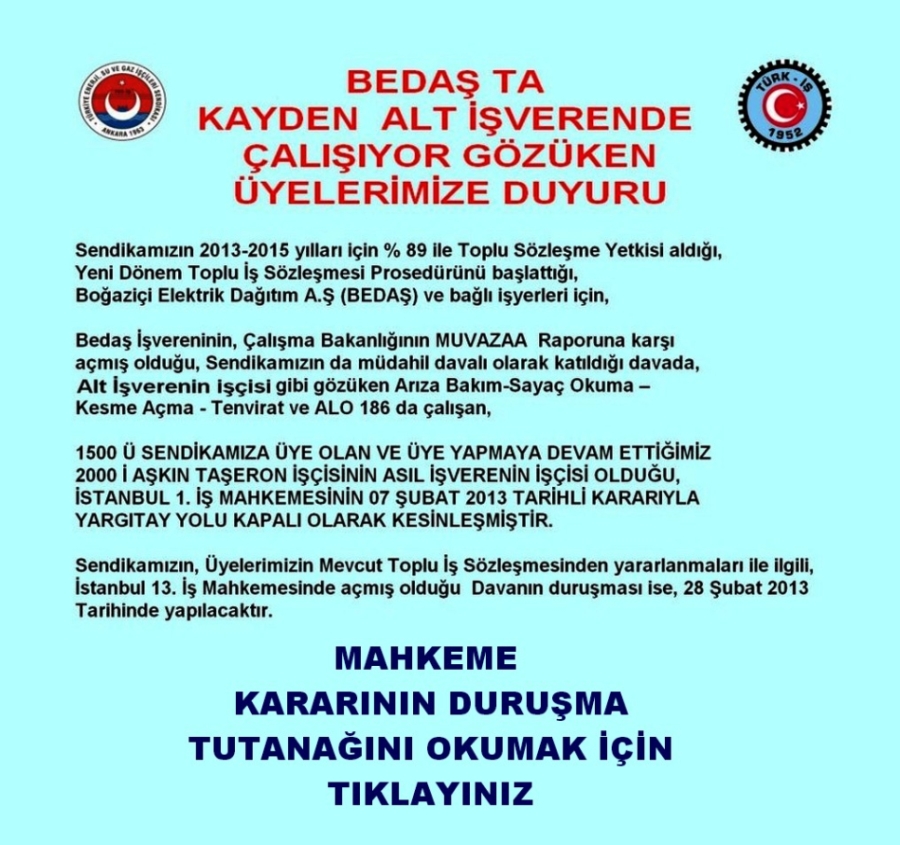 BEDAŞ MUVAZZA DURUŞMA DUYURUSU