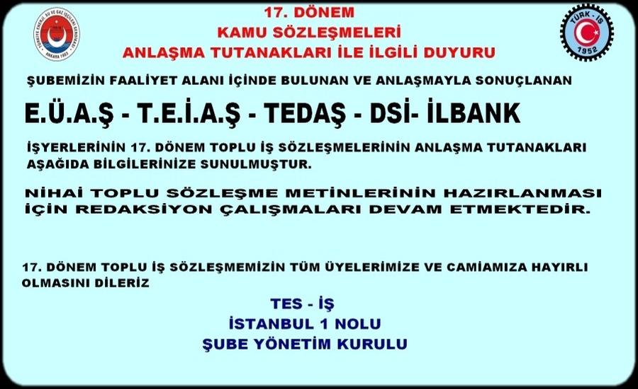 17.DÖNEM KAMU TİS ANLAŞMA TUTANAĞI DUYURUSU