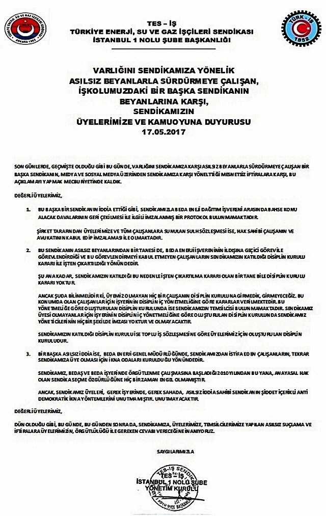 BİR BAŞKA SENDİKANIN ASILSIZ BEYANLARINA KARŞI ŞUBE DUYURUSU