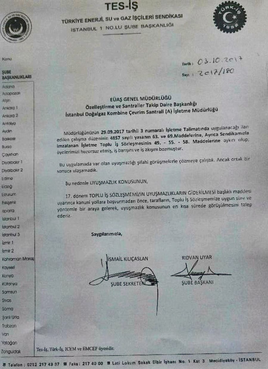 EÜAŞ AMBARLI MÜDÜRLÜĞÜNE YAZILAN YAZI
