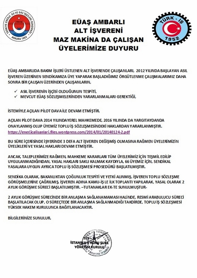 MAZ MAKİNA DA ÇALIŞAN ÜYELERİMİZE DUYURU