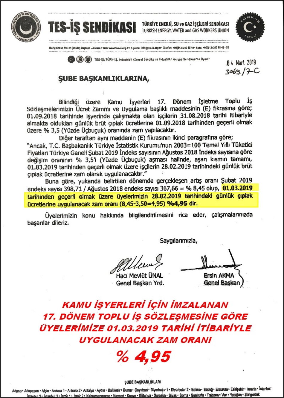 2019 17..DÖNEM TİS ZAM ORANI