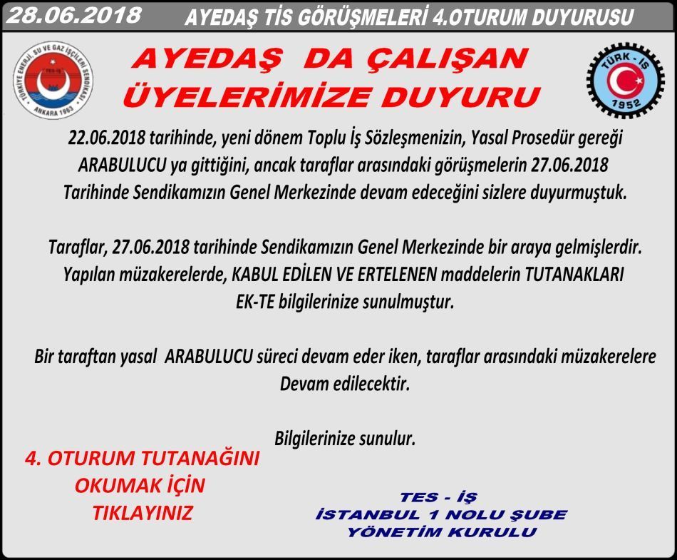 AYEDAŞ T.İ.S. 4.OTURUM DUYURUSU