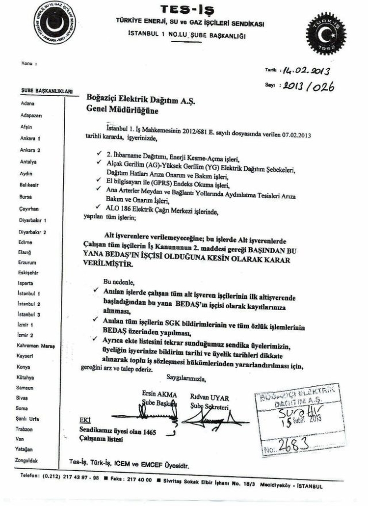 BEDAŞ A TALEP YAZISI