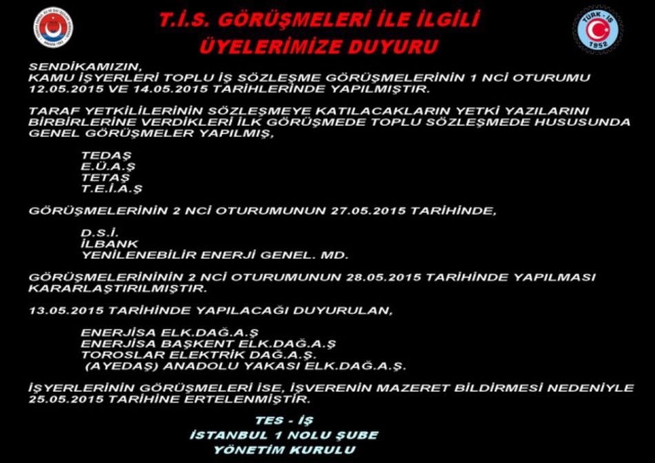 TİS İLE İLGİLİ DUYURU