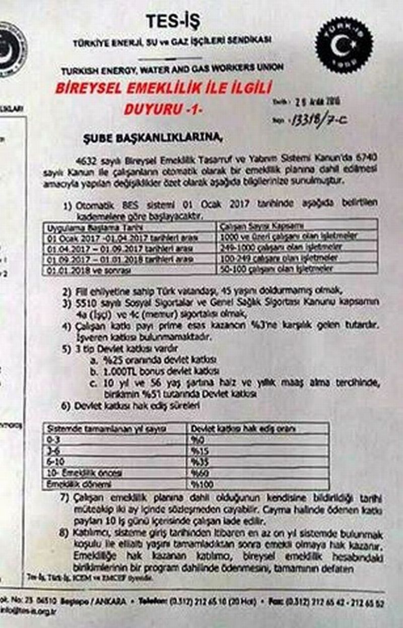 BİREYSEL EMEKLİLİK DUYURUSU