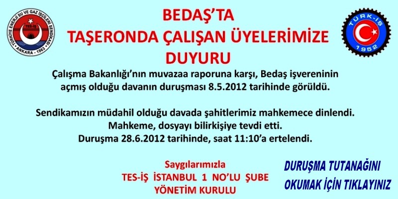 BEDAŞ MUVAZZA DURUŞMA DUYURUSU